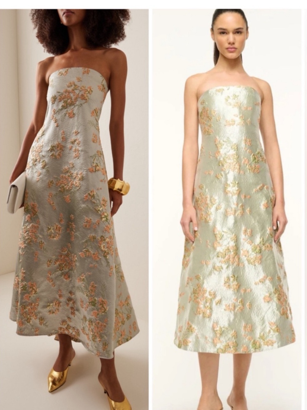 STAUD Kennedy Metallic Midi Dress in Metallic Bloom Green sz XXS
